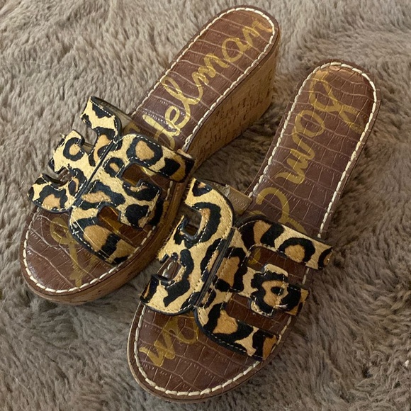 SAM EDELMAN Regis Leopard-Print Calf Hair Wedge Sandals Size 8M - Picture 5 of 13